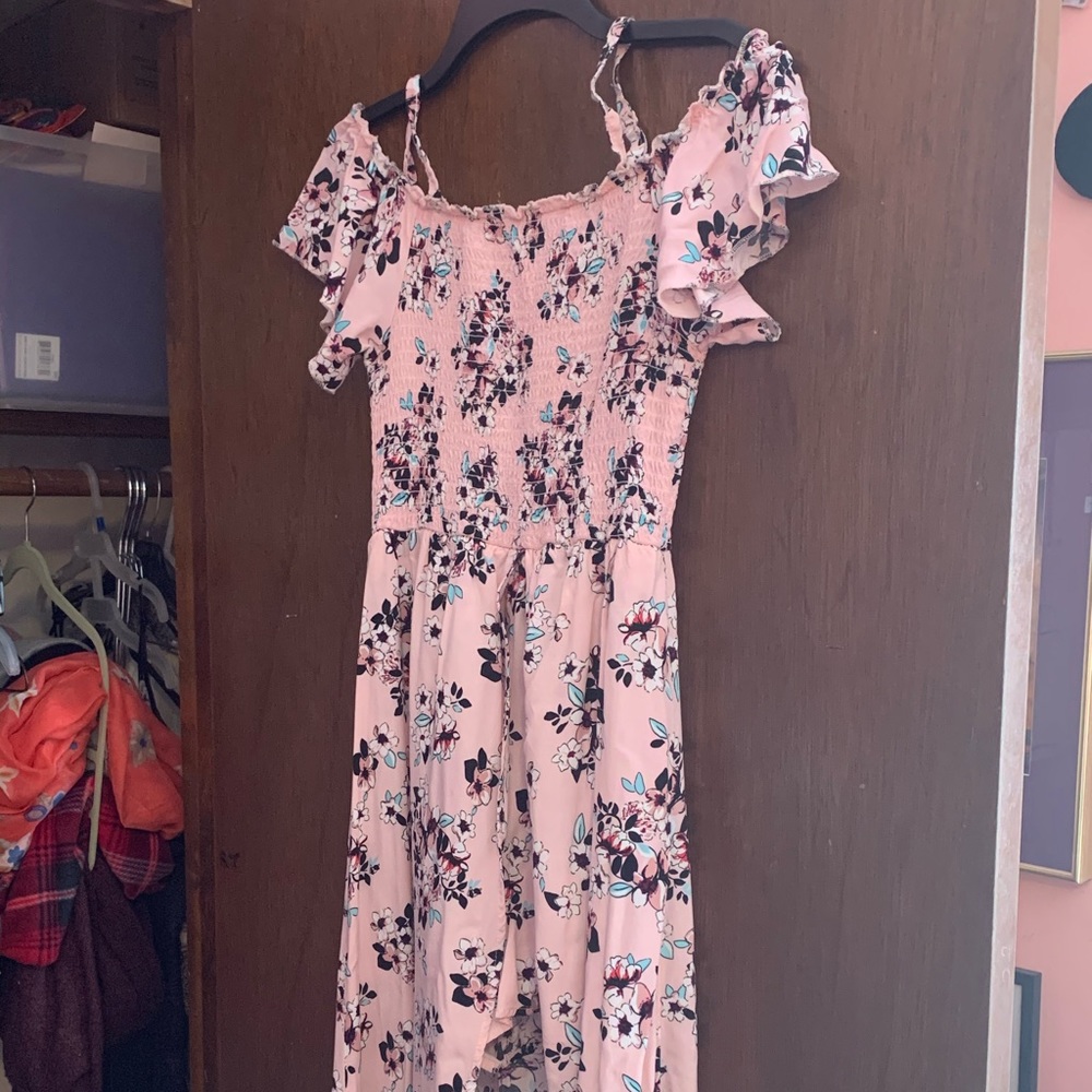 Pink Floral high-low off the shoulder Romper/Dress